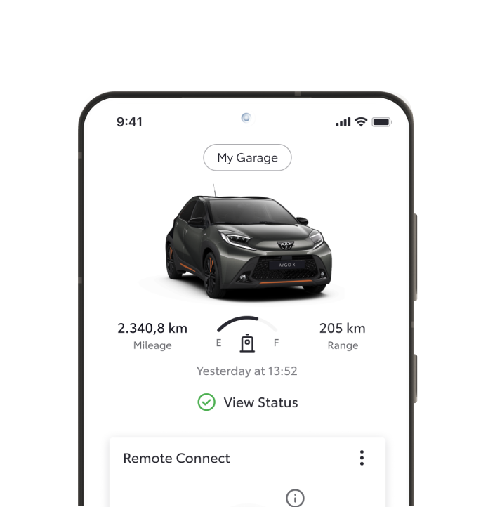 A smartphone shows the My Garage page of the TOYOTA MyT app. A QR code and links to download are positioned beside the phone.